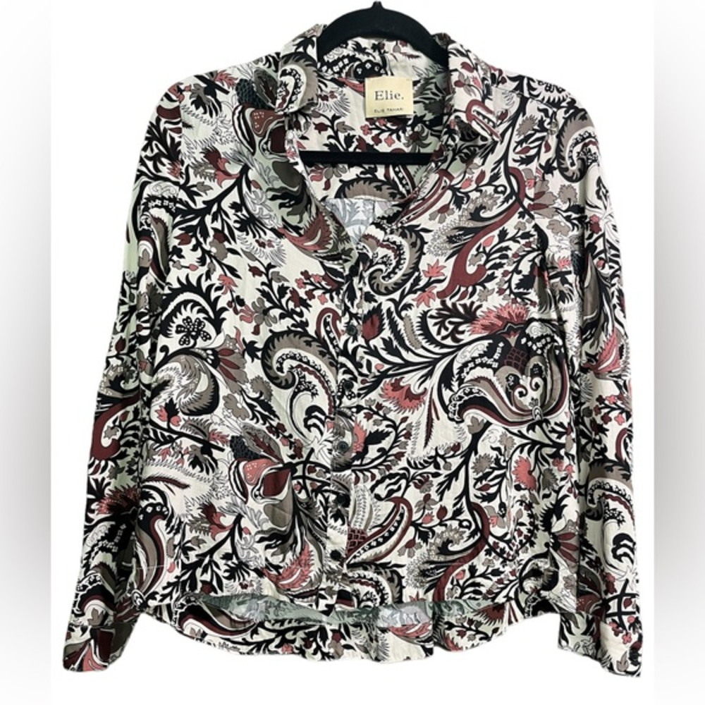 Elie. by Elie Tahari petite‎ button up long sleeve paisley floral blouse sz SP
